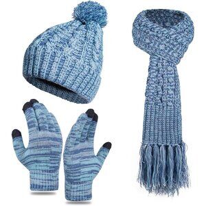 Women Winter Beanie Hat Scarf and Gloves Set Warm Knitted Pom Cap Cold Weather